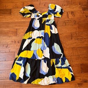 Nine West Women’s Abstract Multicolor Maxi Dress Babydoll Puff Sleeve Medium